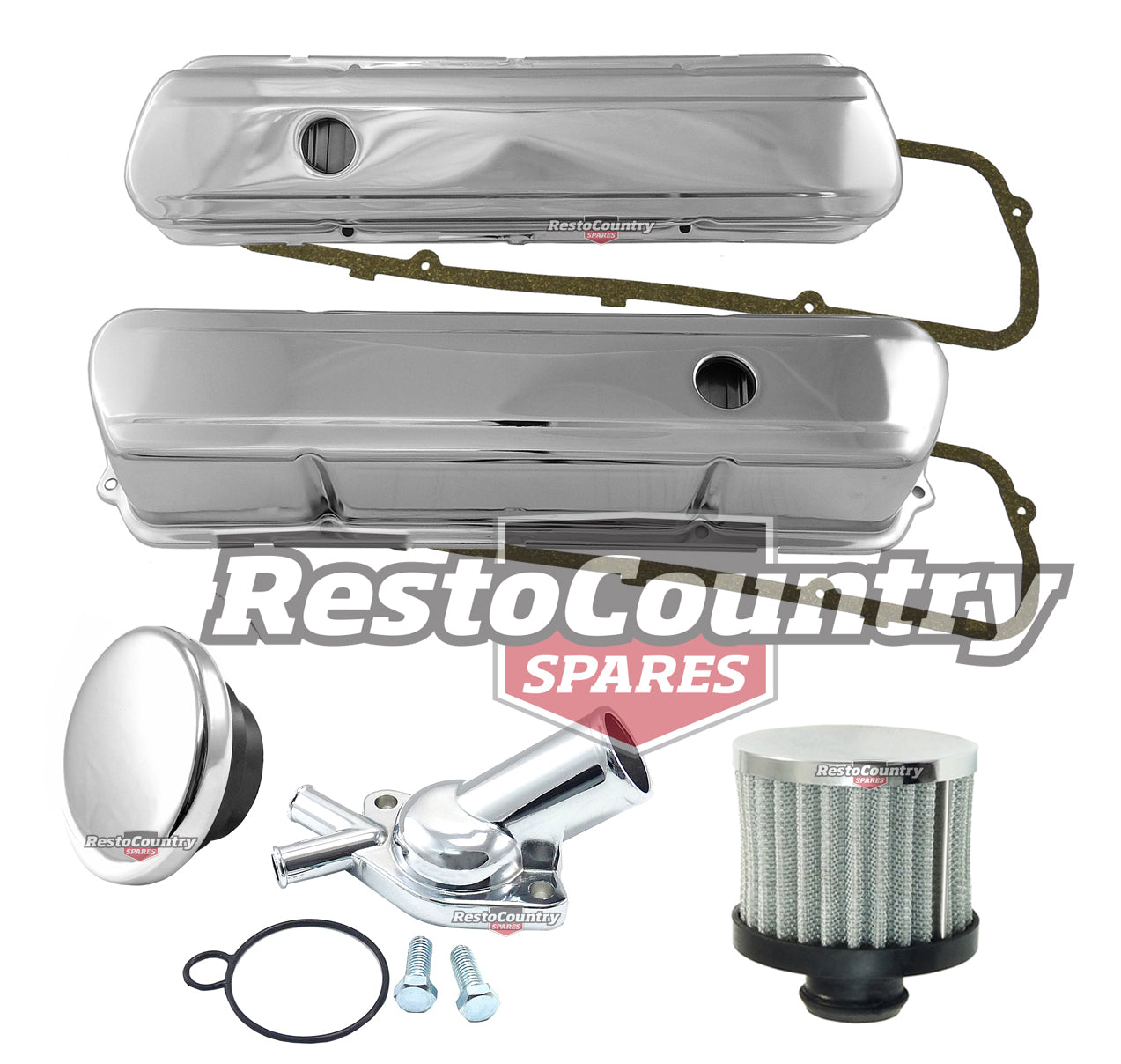 Holden V8 253 308 Chrome Rocker Covers 3.5" +Thermostat +Breather +Cap Kit - k551932-C