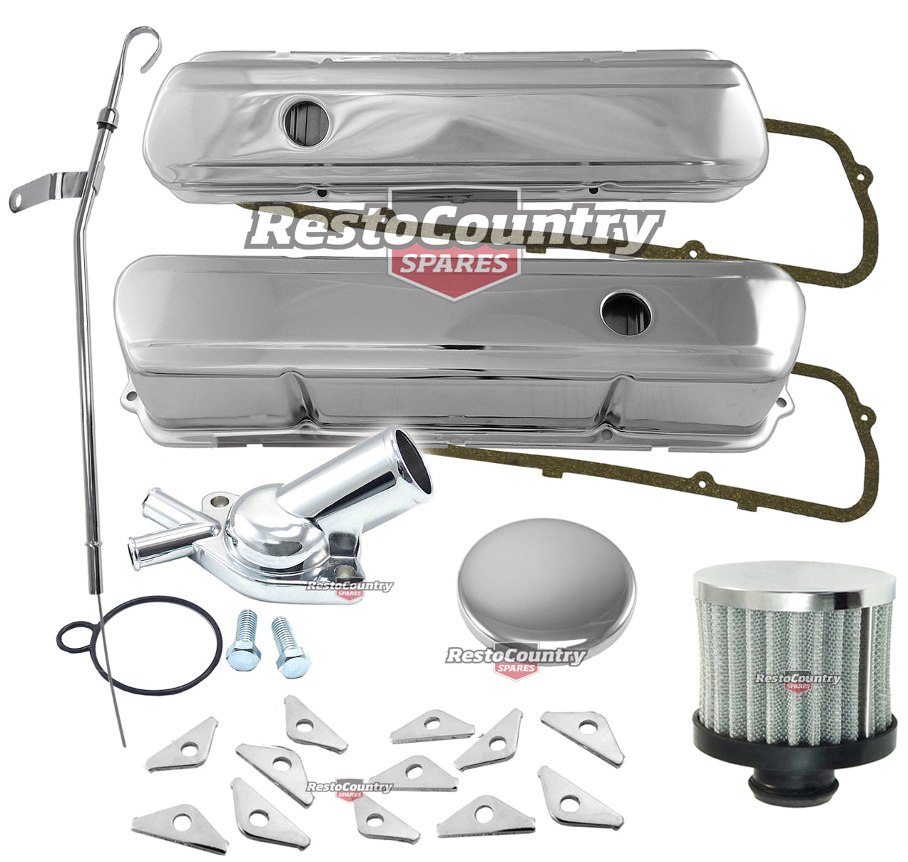 Holden V8 253 308 Chrome Rocker/Valve Covers +Thermostat +Breather+Cap+Dip Kit - k551932-D