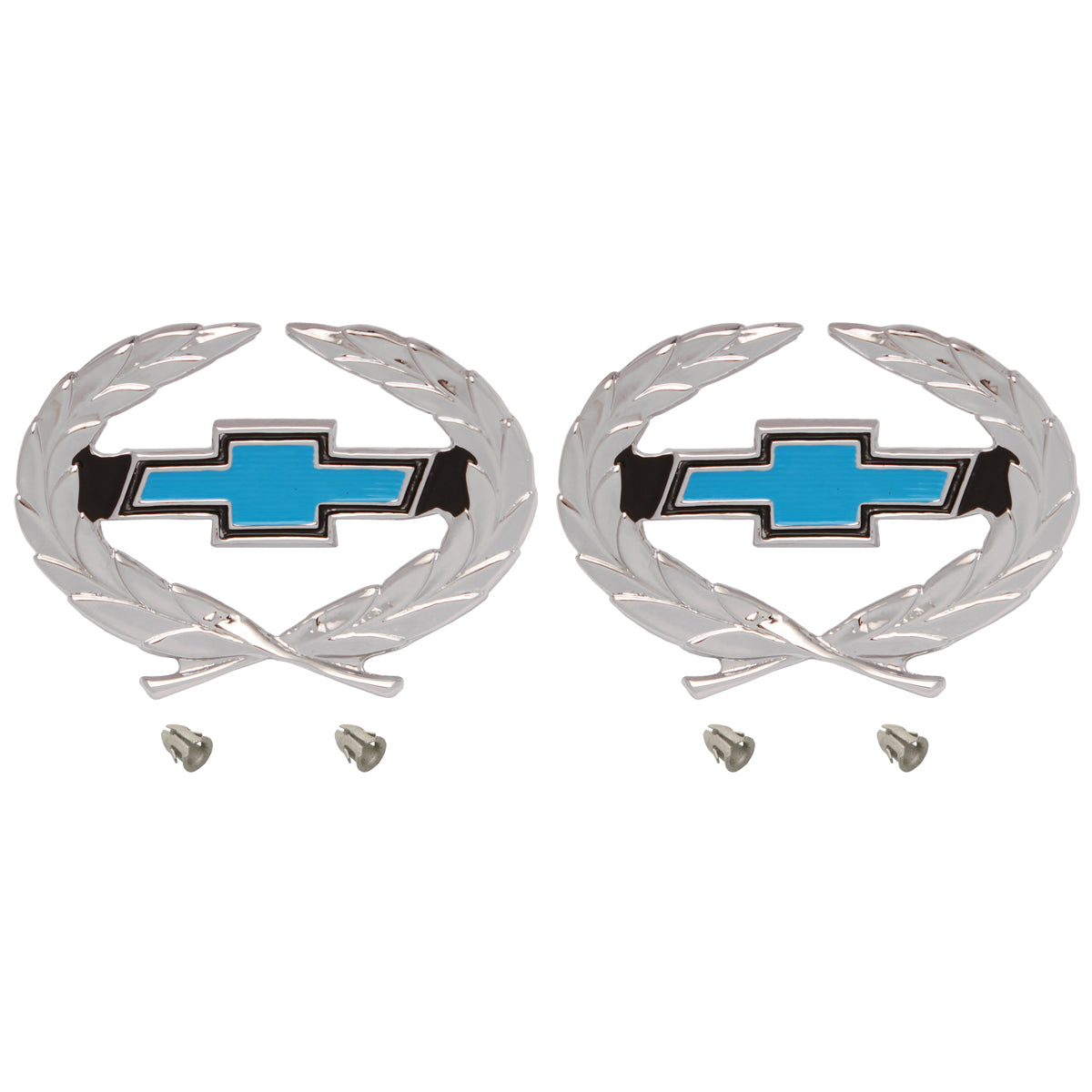 Holden Chrome Wreath Badge PAIR Blue Chev Bowtie HQ Export chevrolet emblem - kB1071-a
