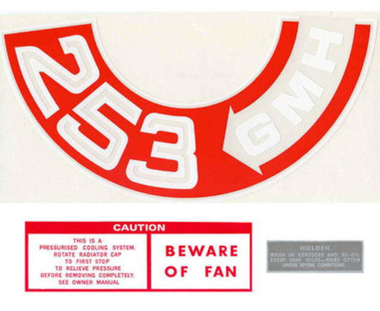 Holden V8 Engine Decal Kit HT HG HQ '253 GMH' Air Cleaner + Oil + Beware of Fan - kBD1049-a