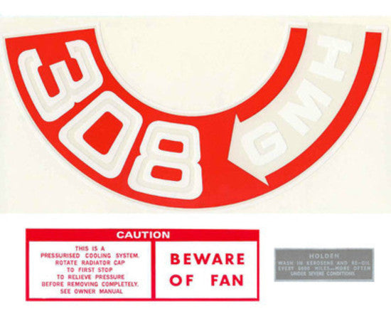 Holden V8 Engine Decal Kit HT HG HQ '308 GMH' Air Cleaner + Oil + Beware of Fan - kBD1065-a