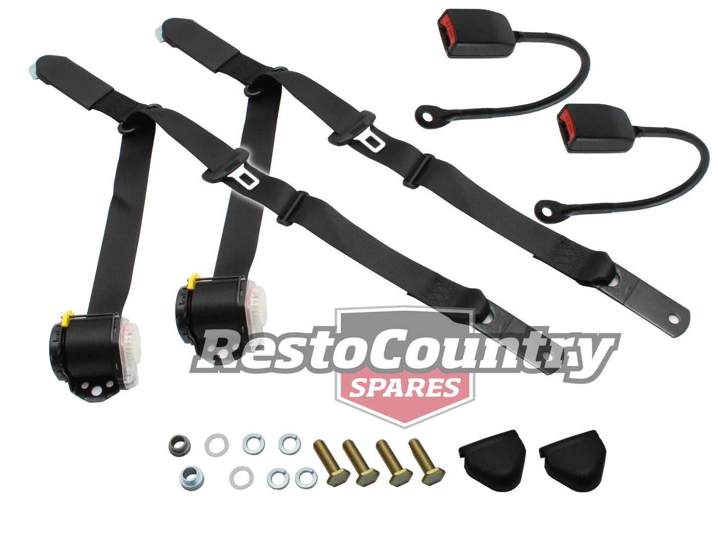 Front Inertia Seat Belt Pair (Black - 385mm Solid Stalk) Ford XA XB XC Coupe - kKDL1513-b