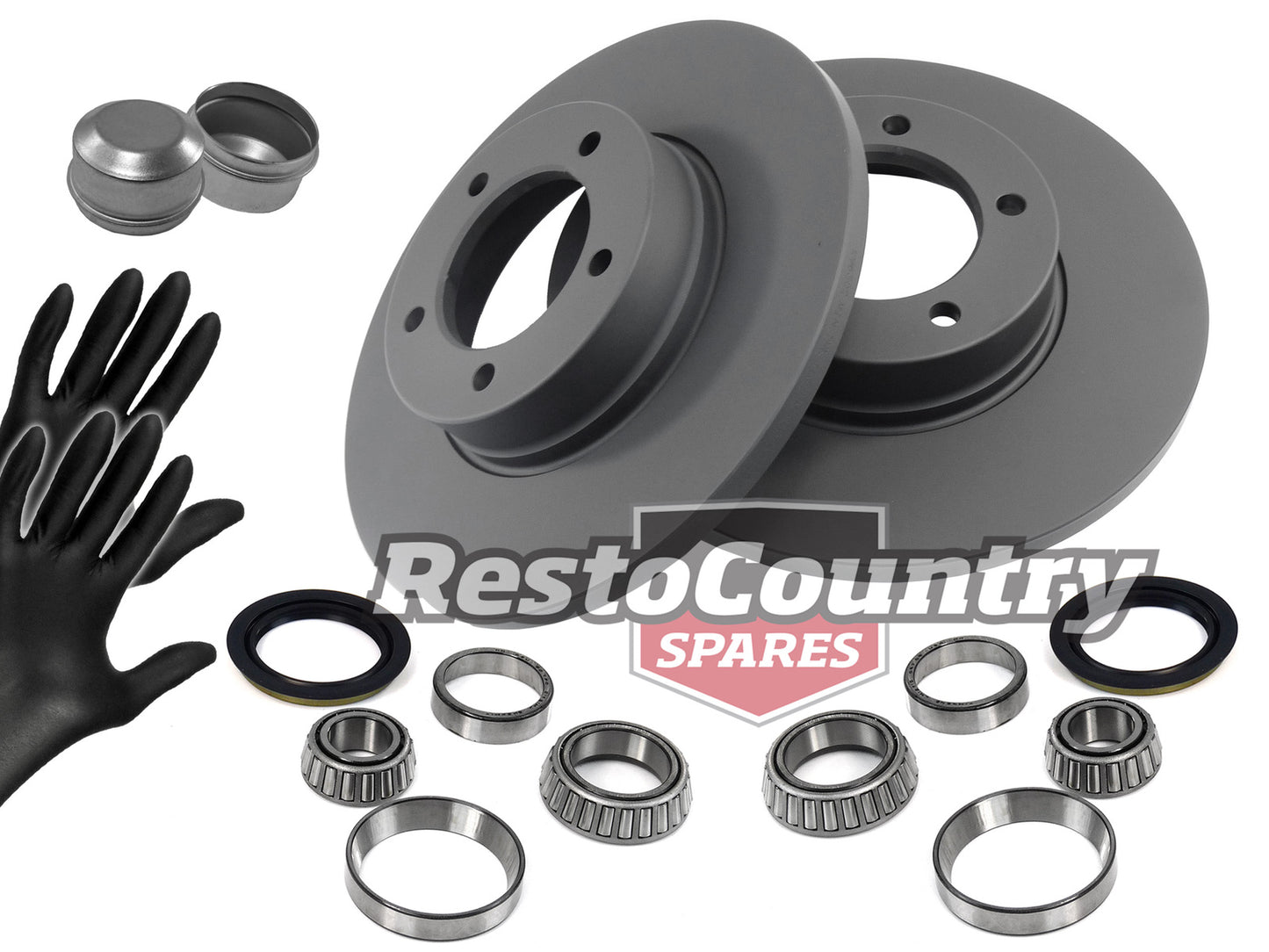 Ford Front Disc Brake Rotor + Wheel Bearing + Hub Cap Kit XR XT ZA ZB 6Cyl NEW - kRDA104-b
