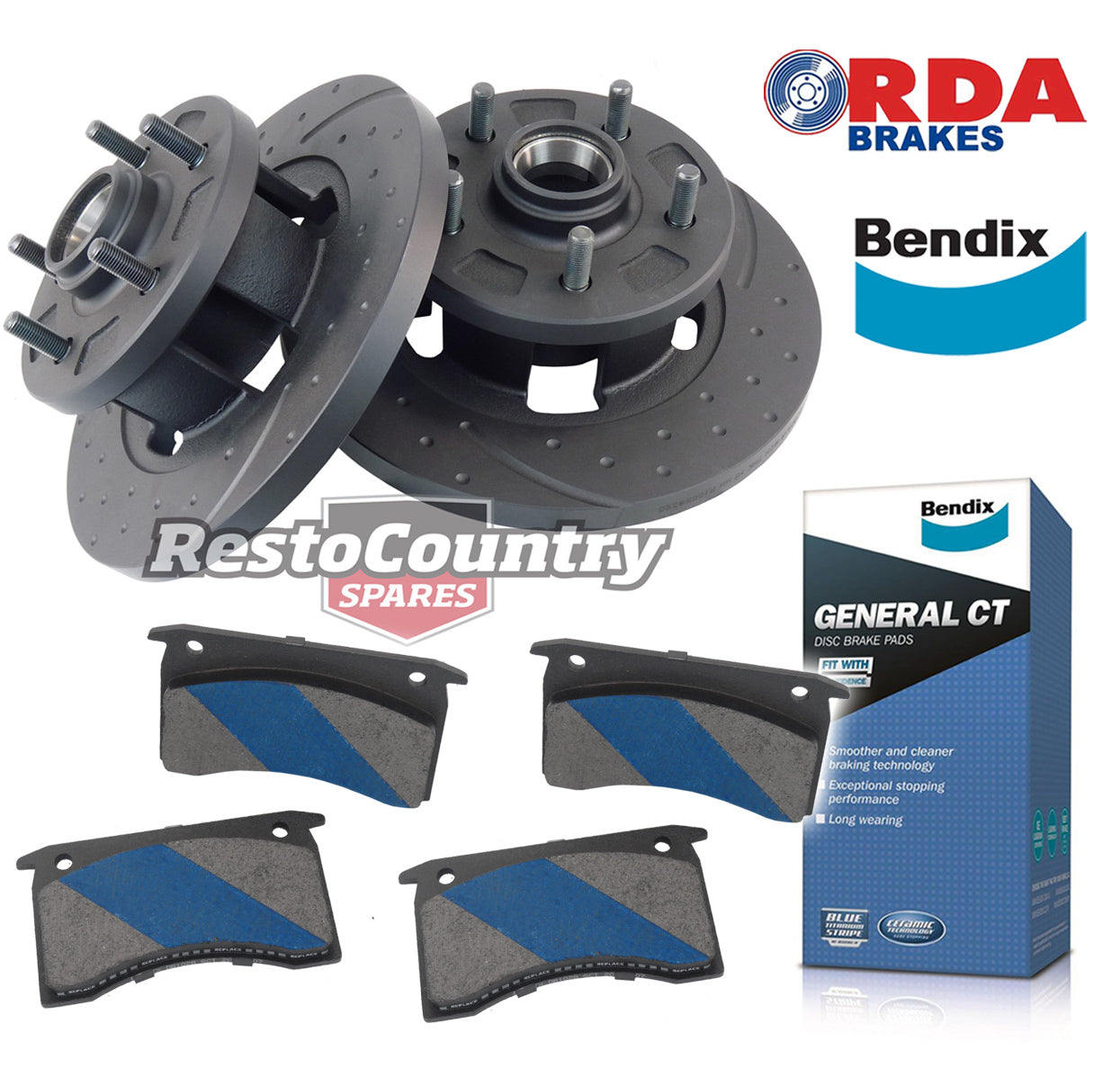 Holden Torana Front Disc Brake Rotors + Bendix Pads Kit Slotted + Dimpled LX UC - kRDA10D-b