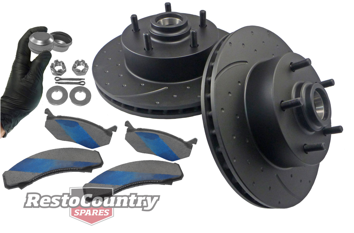 Front Disc Brake Rotor & Pad Kit (Slotted & Dimpled / Girlock Cast Iron) Holden HQ HJ HX A9X - kRDA14D-c