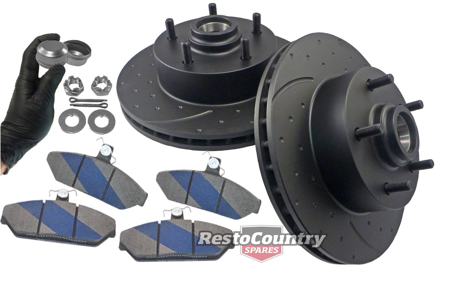 Front Disc Brake Rotor & Pad Kit (Slotted & Dimpled / Girlock Alloy) Holden HQ HJ HX HZ A9X - kRDA14D-g