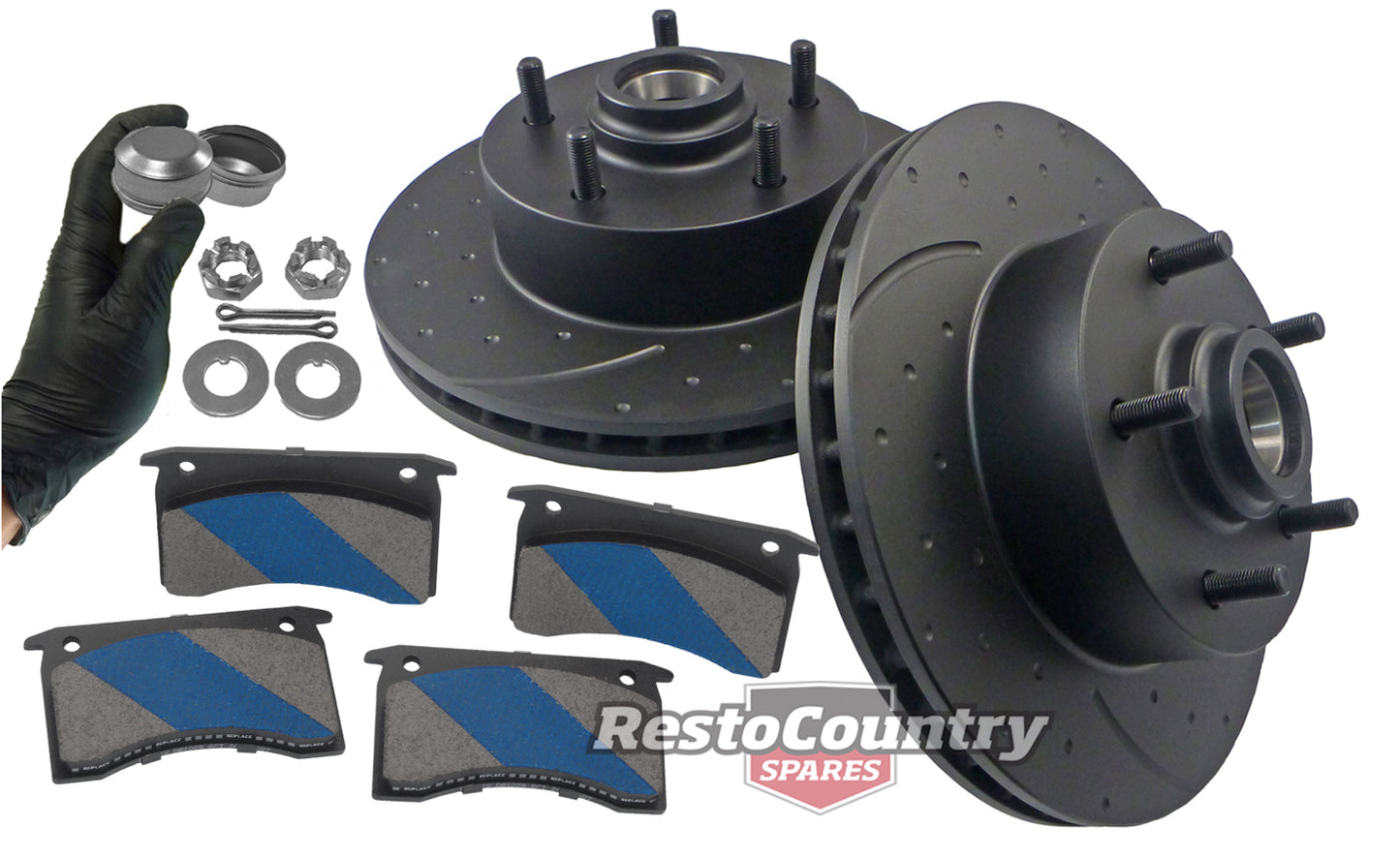 Front Disc Brake Rotor & Pad Kit (Slotted & Dimpled / PBR Alloy) Holden HX HZ - kRDA14D-i
