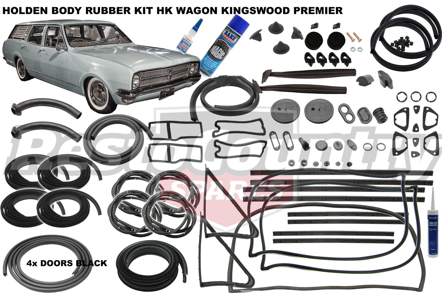 Holden Body Rubber Kit HK HT HG WAGON Kingswood / Premier BLACK Pinchweld - kzHK4-BLACK