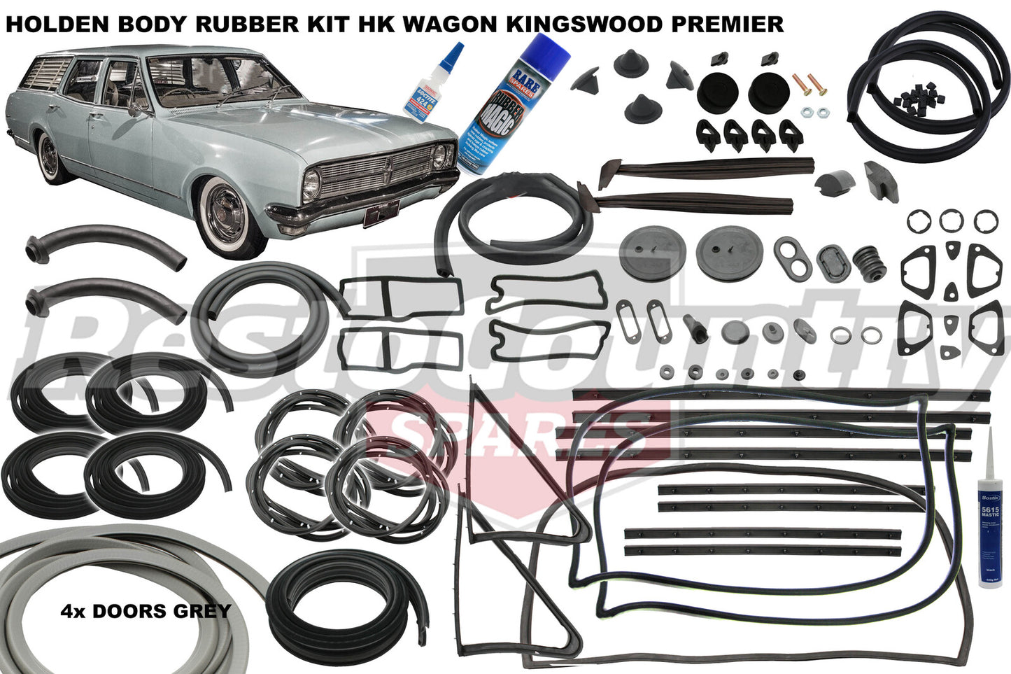 Holden Body Rubber Kit HK HG WAGON Kingswood / Premier GREY Pinchweld - kzHK4-GREY