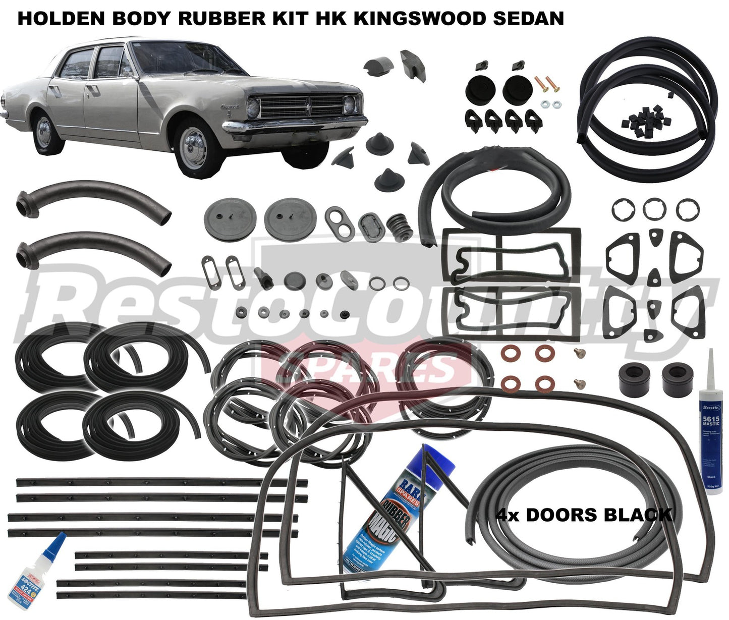 Holden Body Rubber Kit HK Kingswood SEDAN BLACK Pinchweld - kzHK5-BLACK