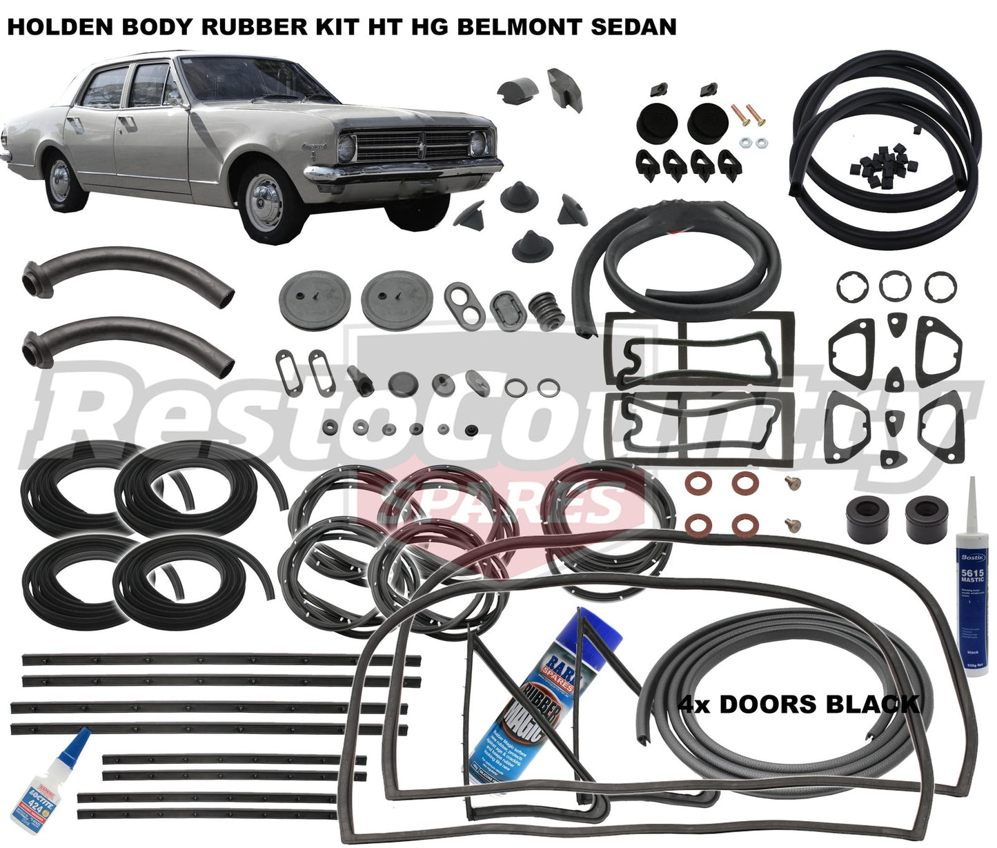 Holden Body Rubber Kit HK Belmont SEDAN BLACK Pinchweld - kzHK6-BLACK