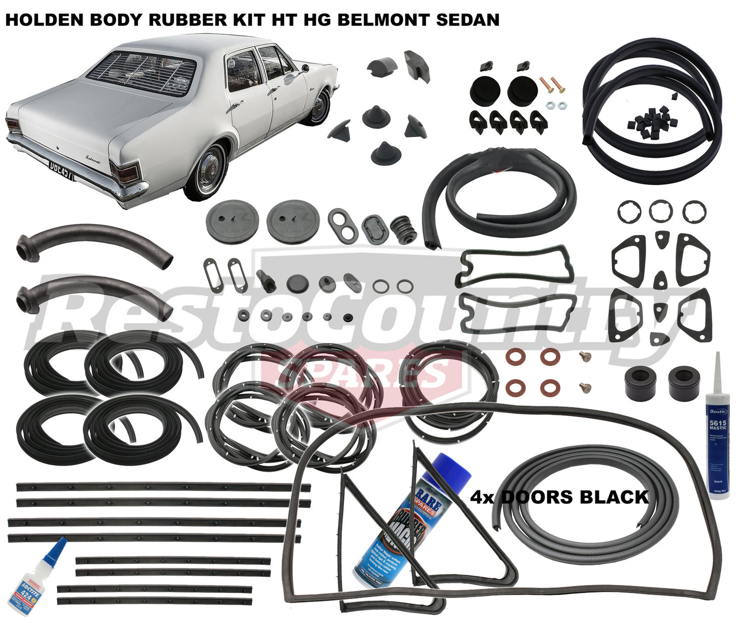 Holden Body Rubber Kit HT HG Belmont SEDAN BLACK Pinchweld - kzHT4-BLACK