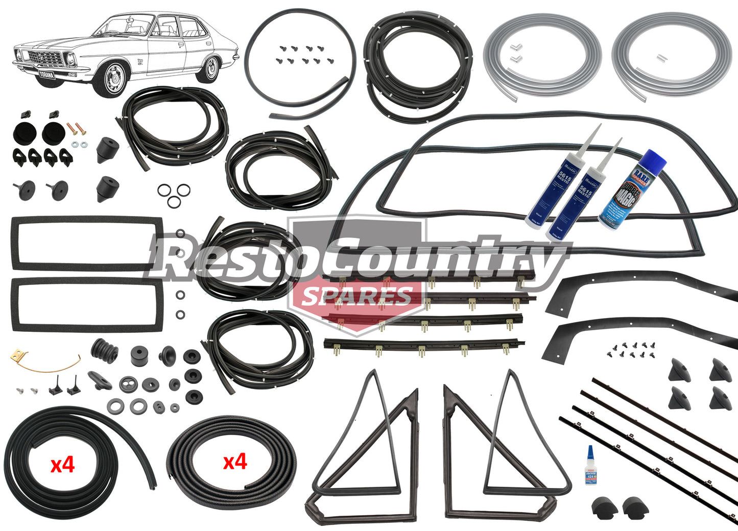 Holden Torana LC LJ SEDAN Body Rubber Kit BLACK Pinchweld - kzLC2-BLACK