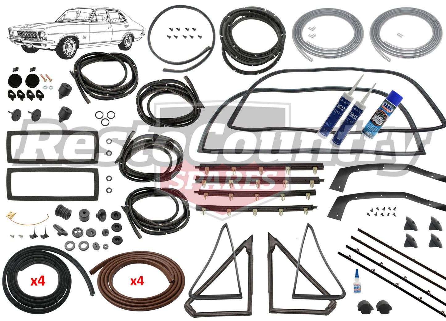 Holden Torana LC LJ SEDAN Complete Body Rubber Kit MID BROWN Pinchweld - kzLC2-BROWN
