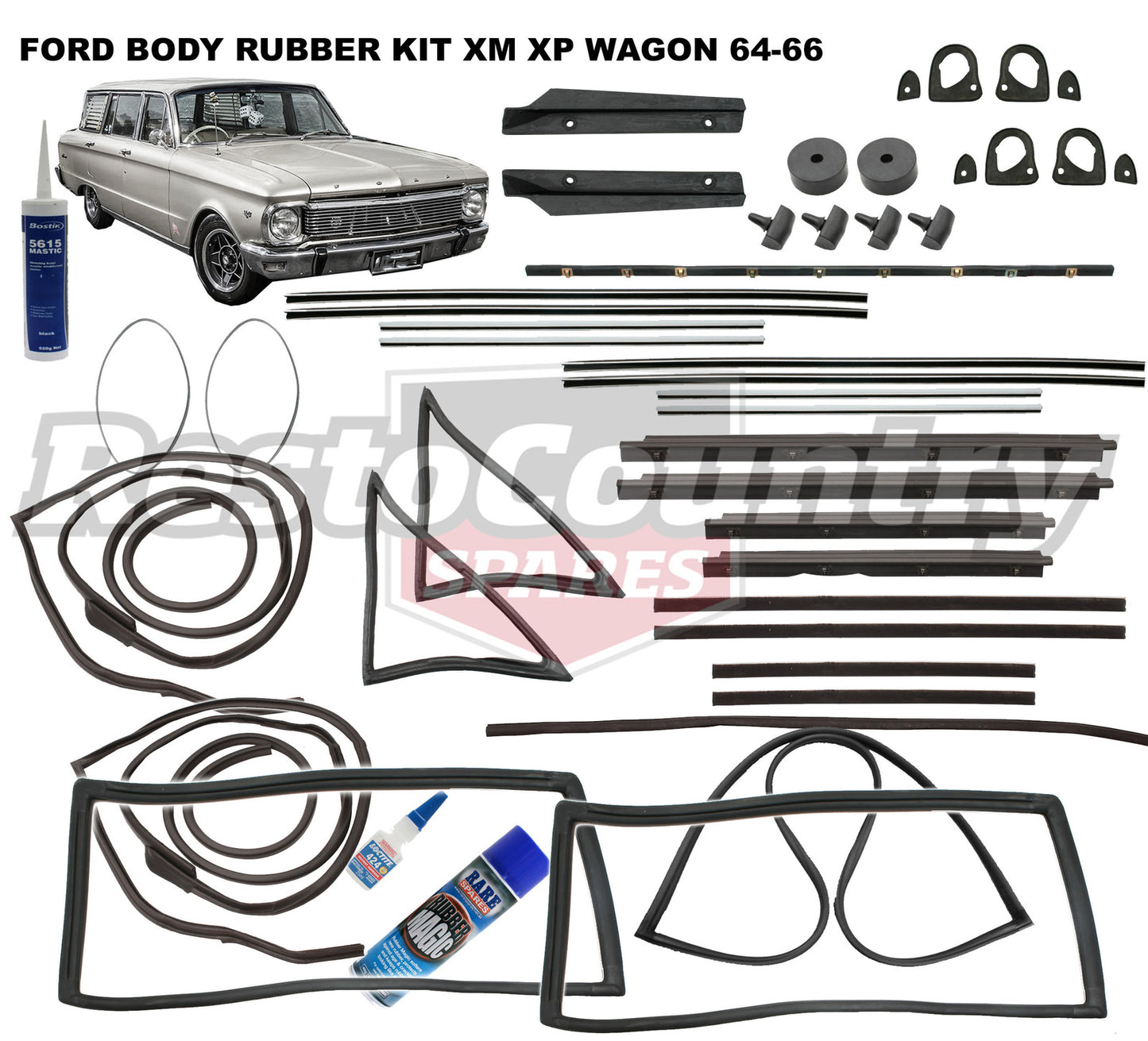 Ford Body Rubber Kit XM XP Wagon 64-66 MINUS Rear Door Seals - kzXM4-a